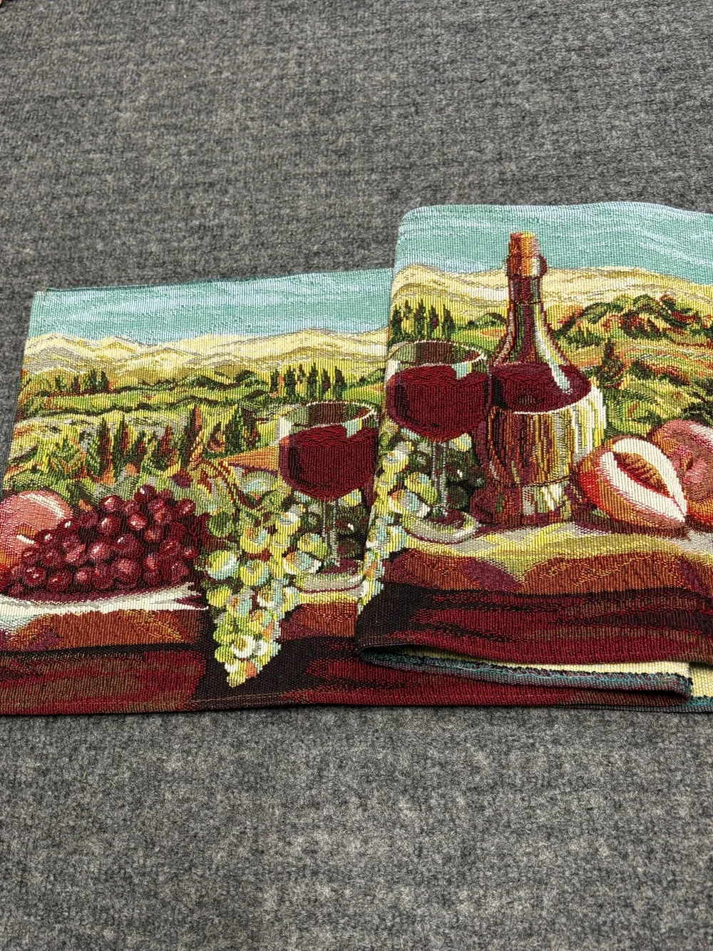 Wine & Fruit Tapestry Table Runner Italian Vineyard Scene 66 inches